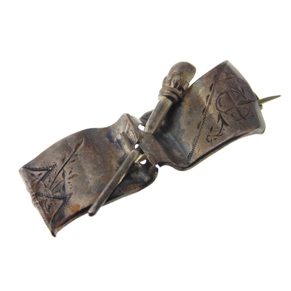 Antique Vintage Estate Sterling Silver Brooch Victorian French Bar Scarf Ribbon - Picture 1 of 2